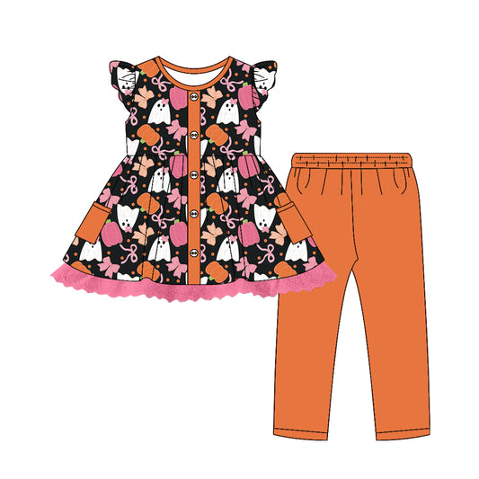 Preorder (moq 5)Baby Girls Flutter Sleeves Ghost Pumpkins Button Tunic Leggings Pants Set