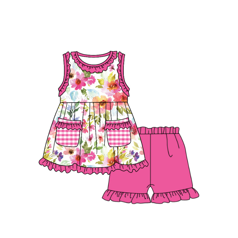Baby Girls Dark Pink Flowers Pockets Top Ruffle Shorts Clothes Sets Preorder(moq 5)