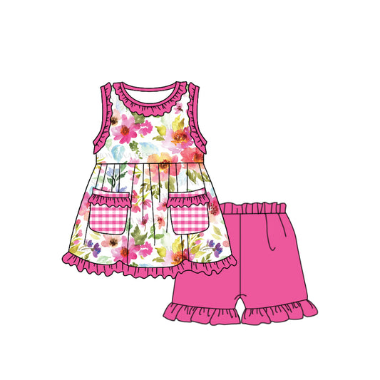 Baby Girls Dark Pink Flowers Pockets Top Ruffle Shorts Clothes Sets Preorder(moq 5)