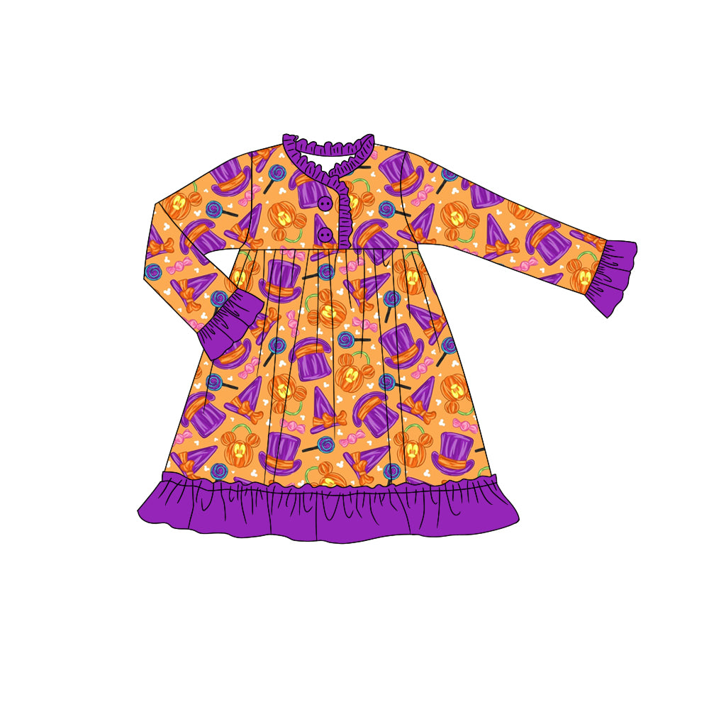 Baby Girls Halloween Pumpkin Candy Long Sleeve Knee Length Dresses Preorder(moq 5)