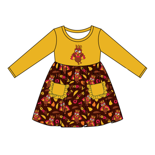 Baby Girls Thanksgiving Turkey Pockets Knee Length Dresses Preorder(moq 5)