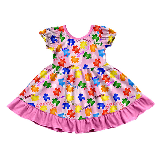 Baby Girls Pink Autistic Tee Top Ruffle Knee Length Dresses preorder(moq 5)