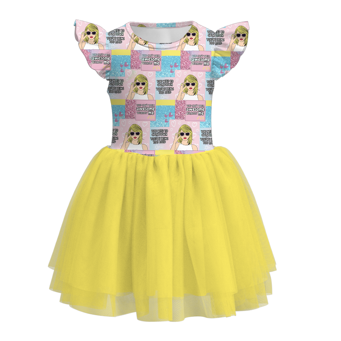 Baby Girls Singer Yellow Swiftie Flutter Sleeve Tutu Knee Length Dresses preorder (moq 5)