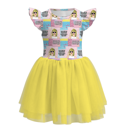 Baby Girls Singer Yellow Swiftie Flutter Sleeve Tutu Knee Length Dresses preorder (moq 5)