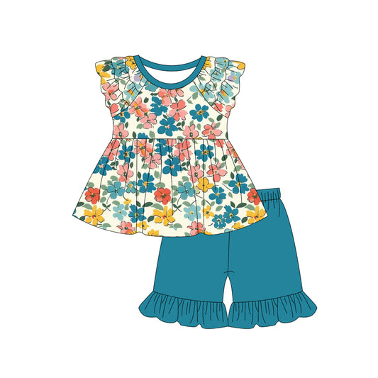 Preorder (moq 5)Baby Girls Dark Green Flowers Spring Tunic Shorts Clothes Sets