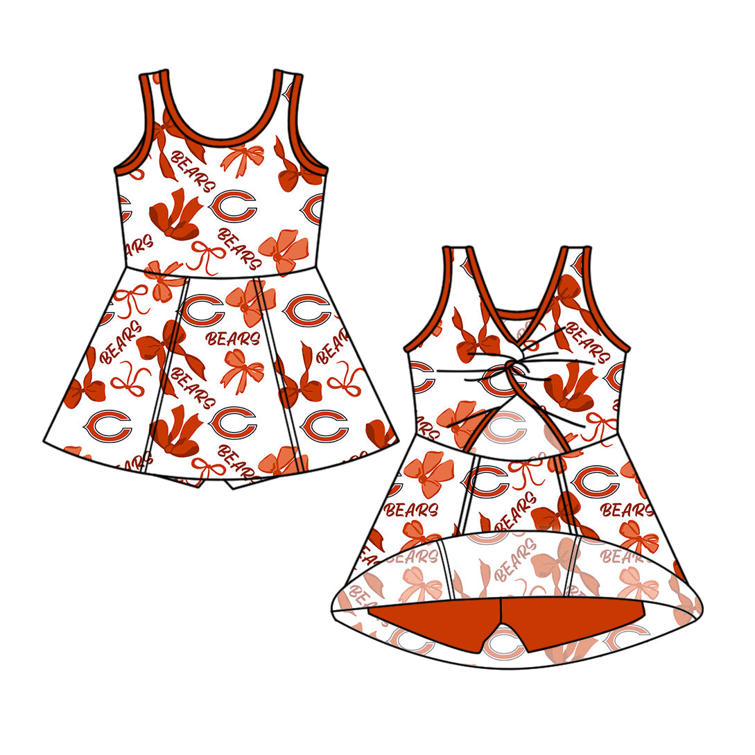 Preorder (moq 5)Baby Girls Sleeveless Bows Chicago Bears Team Short Knee Length Dresses