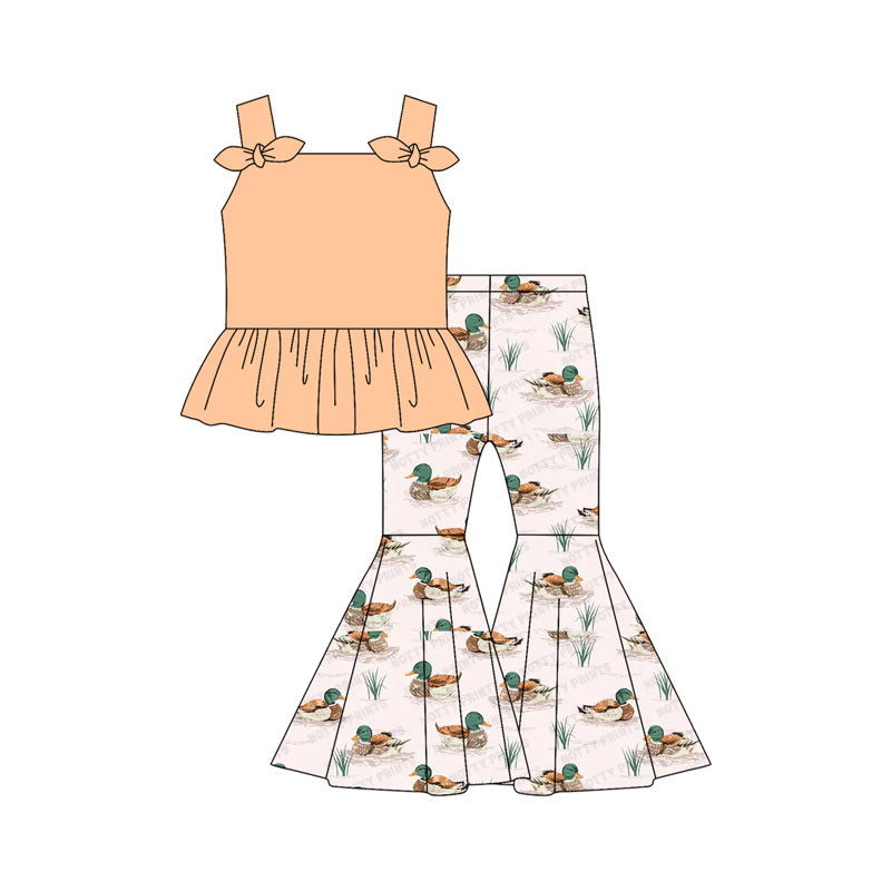 Preorder moq 5 Baby Girls Peach Strap Bows Tunic Ducks Bell Bottom Pants Set