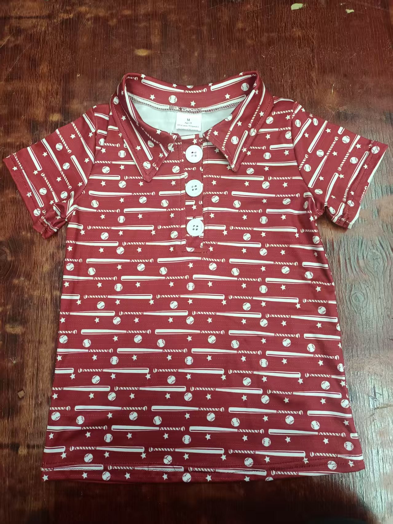 Preorder moq 5 Baby Boys Dark Red Short Sleeves Button Baseballs Stars Polo Shirts Top