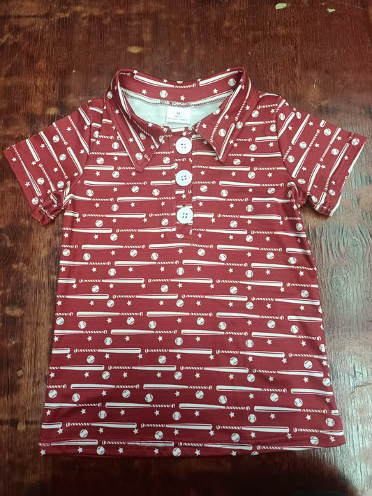 Preorder moq 5 Baby Boys Dark Red Short Sleeves Button Baseballs Stars Polo Shirts Top