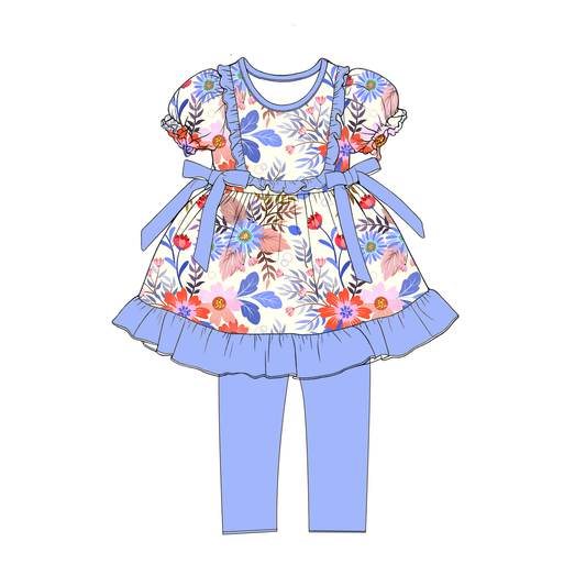 Preorder (moq 5)Baby Girls Blue Red Flowers Bows Tunic Legging Pants Clothes Sets