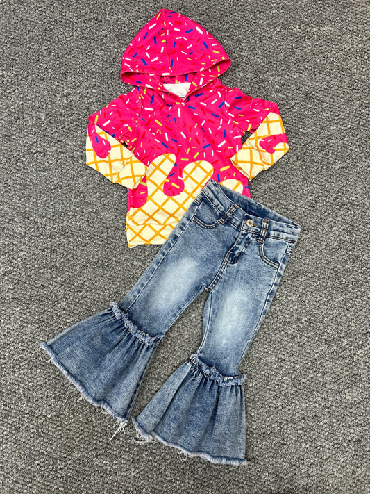 Baby Girls Hot Pink Drip Hoodie Top Denim Bell Bottom Pants Team Sets