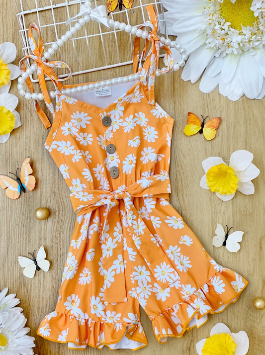 Baby Girls Orange Daisy Straps Summer Shorts Jumpsuits preorder (moq 5)