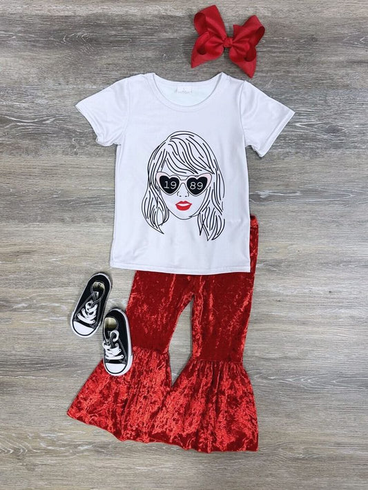 Girls Swiftie Singer Shirt Velvet Red Bell Bottom Pants Clothes Sets