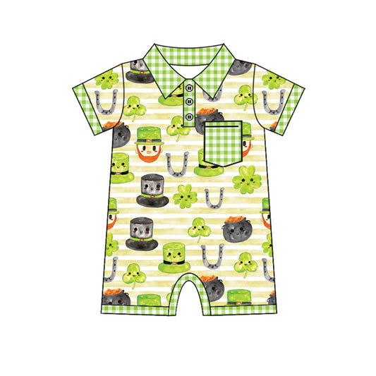 Preorder(moq 5)Baby Infant Boys St Patrick Day Quatrefoil Pocket Rompers