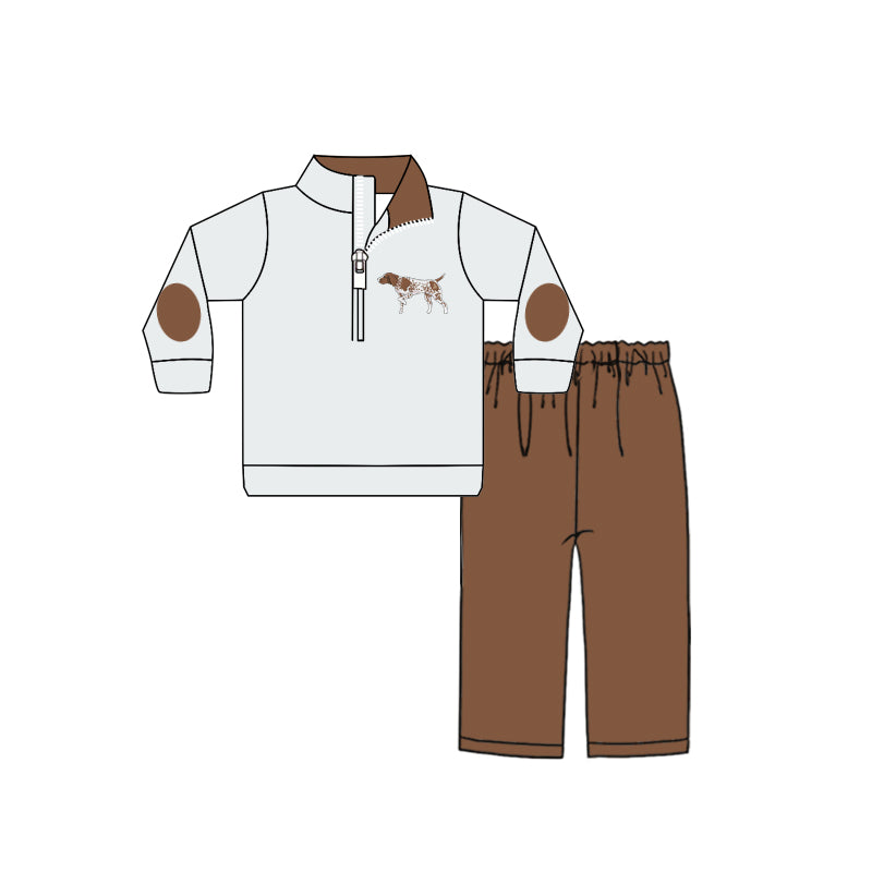 Baby Boys Dog Print Zip Top Brown Pants Hunting Outfits Clothes Sets preorder(MOQ 5)