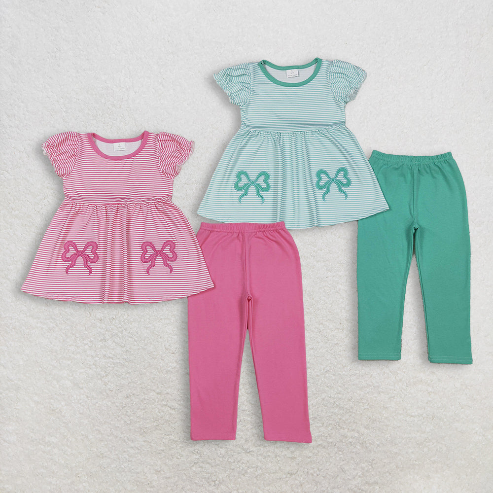 Sibling Baby Girls Embroidery Bows Stripe Tunic Legging Pants Clothes Sets