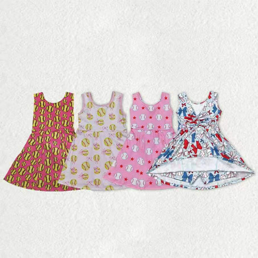 Sibling Baby Girls Softballs Baseballs Bows Yoga Active Short Team Knee Length Dresses