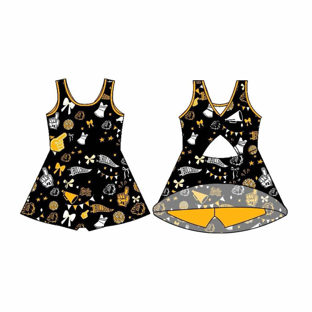 Preorder (moq 5)Baby Girls Sleeveless Black Bulldogs Bows Football Team Shorts Dresses