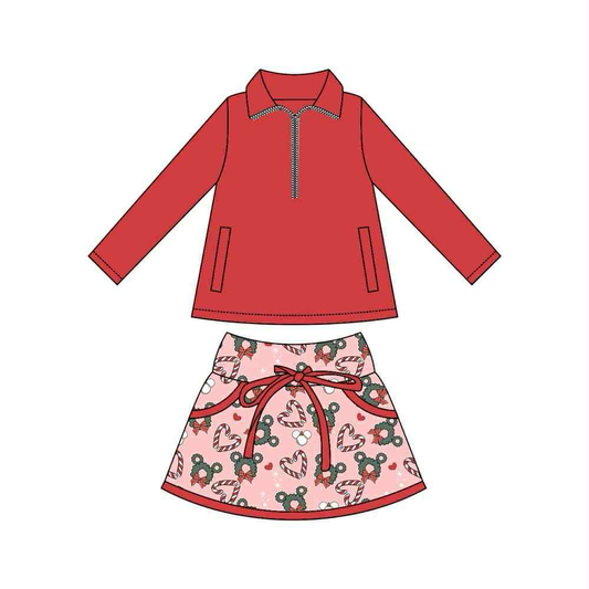 Preorder moq 8 Baby Girls Red Pockets Zipper Pullovers Candy Cane Skirt Shorts Christmas Clothes Set