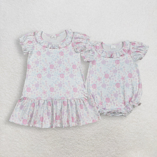 Sibling Baby Girls Short Ruffle Sleeve Colorful Flowers Knee Length Dress Rompers