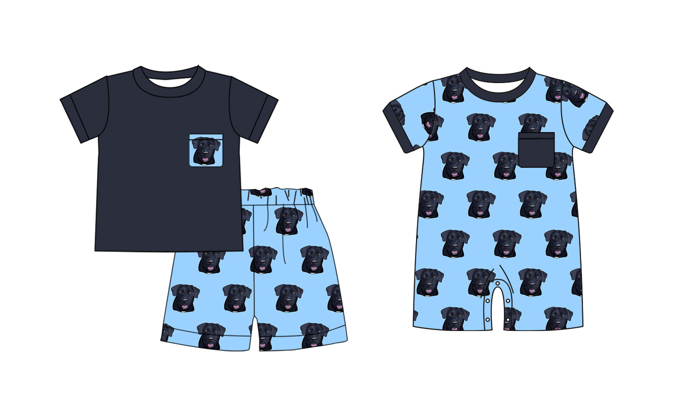 Preorder(moq 5 each) Baby Boys Navy Shirt Dog Hunting Romper Shorts Sets