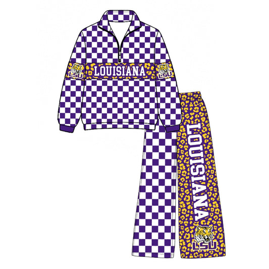 Preorder(moq 5)Baby Boys Purple Checked Leopard Louisiana Zip Pullover Pockets Pants Team Clothes Sets