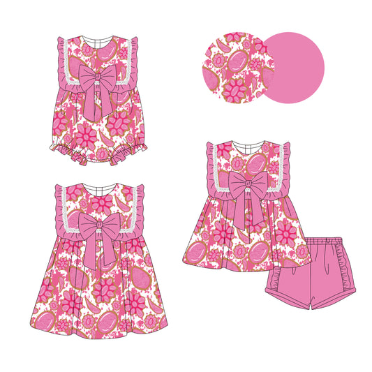 Preorder moq 5 Custom Baby Girls Pink Sleeveless Turquoises Bow Tunic Ruffle Short Set Knee Length Dress Rompers