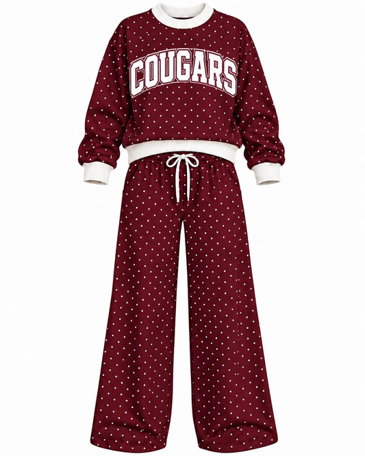 Preorder (moq 5) Baby Girls Wine Cougars Polka Dots Top Pants Outfits Sets