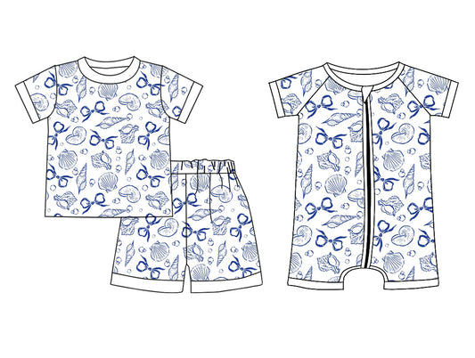 Preorder(moq 5 each)Sibling Baby Girls Blue Seashell Bows Top Shorts Pajamas Rompers Clothes Sets
