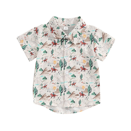 Baby Boys Western Cactus Desert Short Sleeve Buttons Tee Shirts Tops Preorder(moq 5)