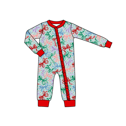 Baby Girls Christmas Bows Long Sleeve Zip Bamboo Rompers Preorder(moq 5)