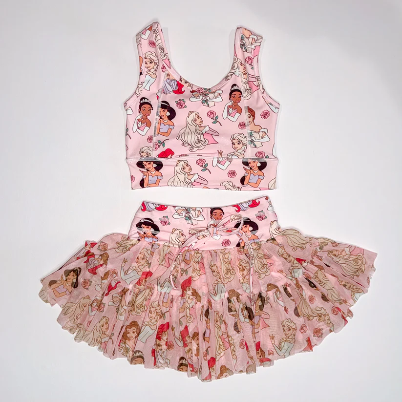 Preorder (moq 5)Baby Girls Cartoon Princesses Flowers Vest Top Skirt Shorts Clothes Set
