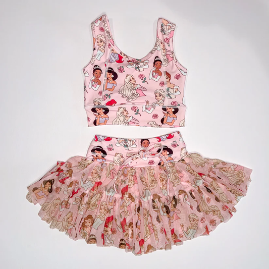 Preorder (moq 5)Baby Girls Cartoon Princesses Flowers Vest Top Skirt Shorts Clothes Set
