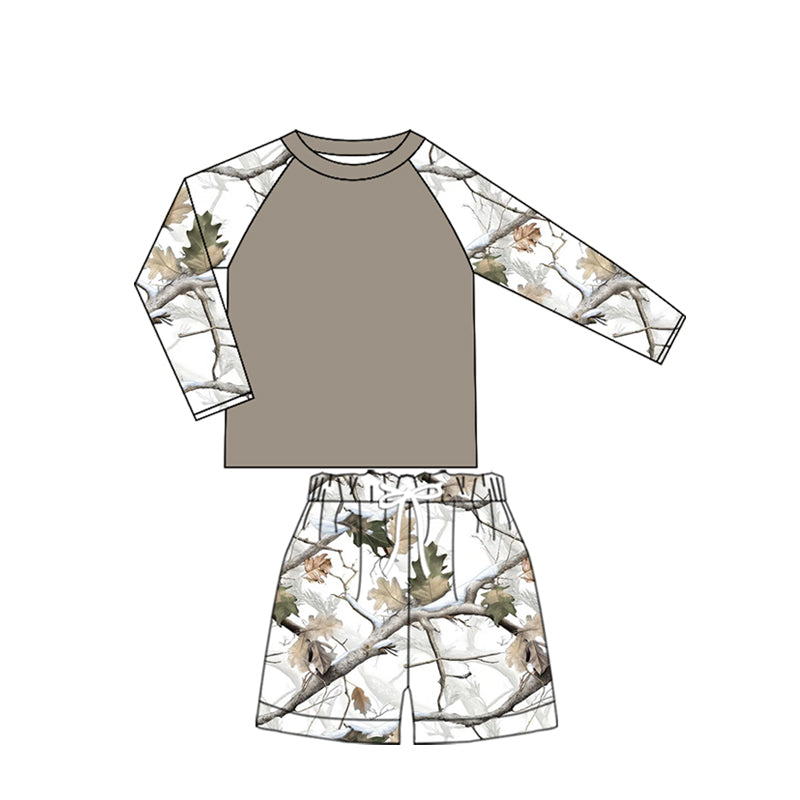 Preorder (moq 5)Baby Girls Long Sleeve Southern Leaves Camo Top Shorts Swimsuits Clothes Set