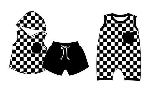 Preorder(moq 5 each)Baby Kids Boys Black Checkered Hooded Top Shorts Rompers Clothes Sets