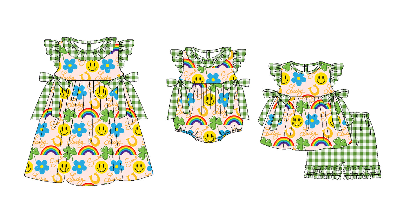 Preorder(moq 5 each)Sibling Baby Girls Green Rainbow Smile Quatrefoil Bows Romper Dress Shorts Sets