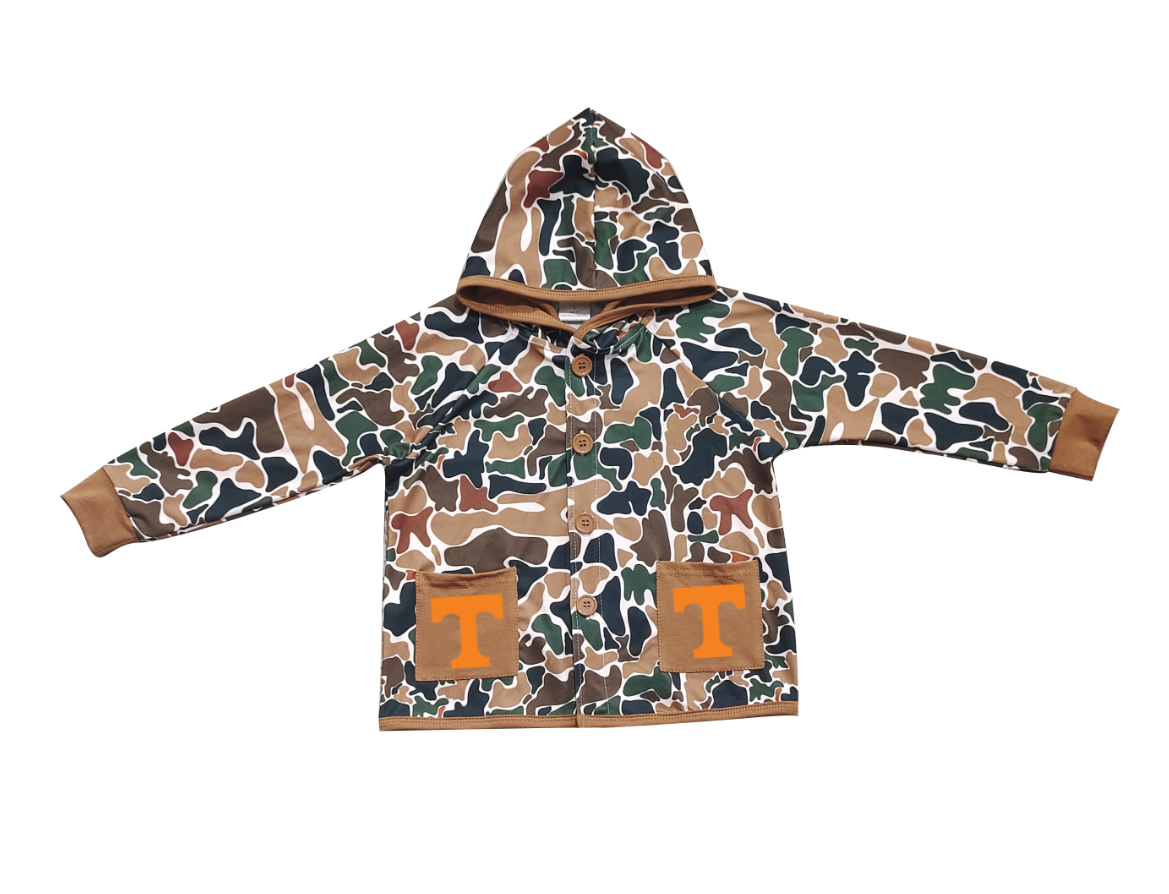 Preorder (moq 5)Baby Boys Dark Brown Camo Orange T Pockets Team Button Hoodie Jackets Top