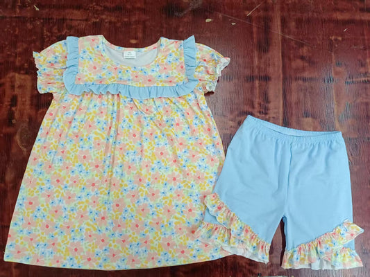 Preorder moq 5 Baby Girls Short Ruffle Sleeves Pink Floral Tunic Blue Short Set