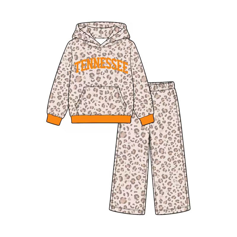 Preorder (moq 5) Baby Girl Clothes Tennessee Letter Leopard Print Long Sleeve Hoodie Wide Leg Pant Set