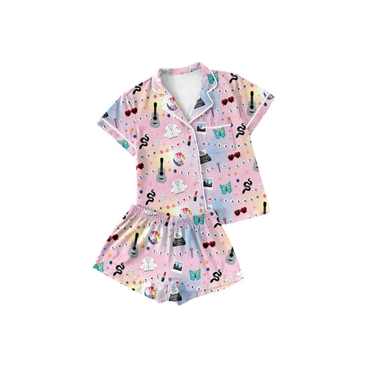 Preorder(MOQ 5) Baby Girls Pink Singer Butterfly Button Top Shorts Pajamas Clothes Sets