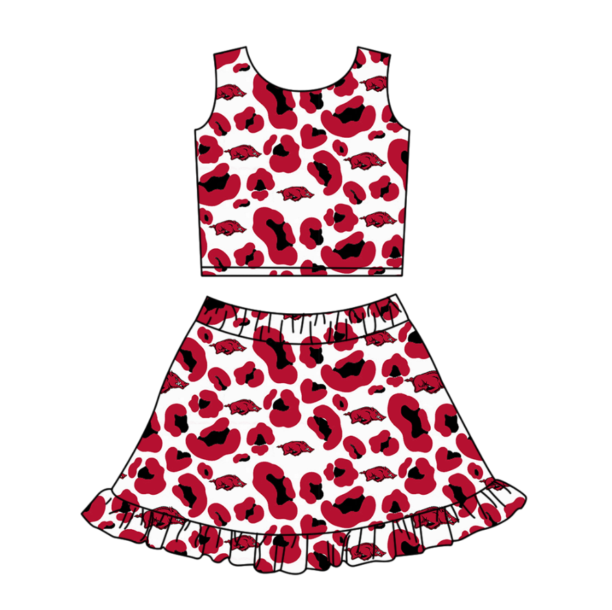 Preorder (moq 5)Baby Girls Red Leopard Bulls Vests Ruffle Skirt Shorts Team Clothes Set