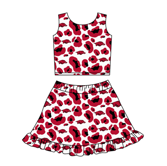 Preorder (moq 5)Baby Girls Red Leopard Bulls Vests Ruffle Skirt Shorts Team Clothes Set