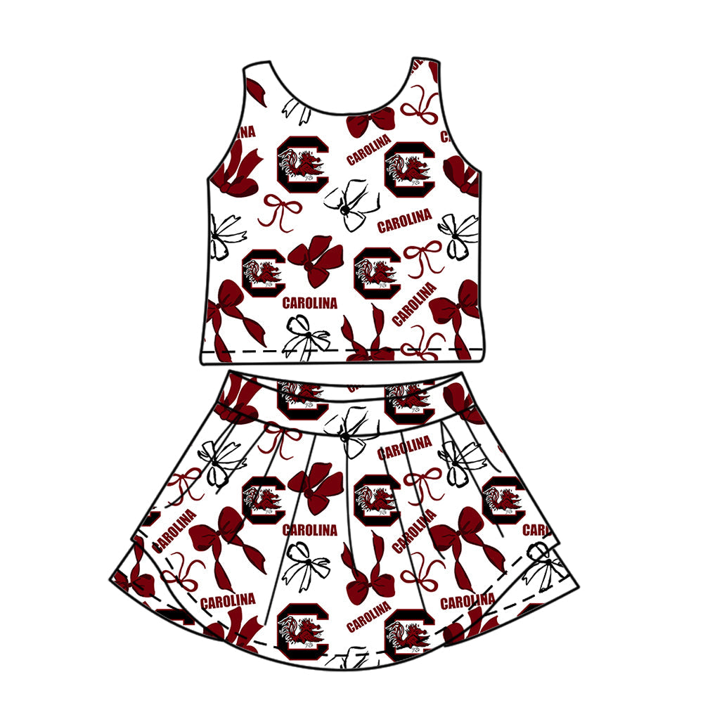 Preorder (moq 5)Baby Girls Sleeveless Carolina Bows Top Skirt Shorts Team Clothes Sets