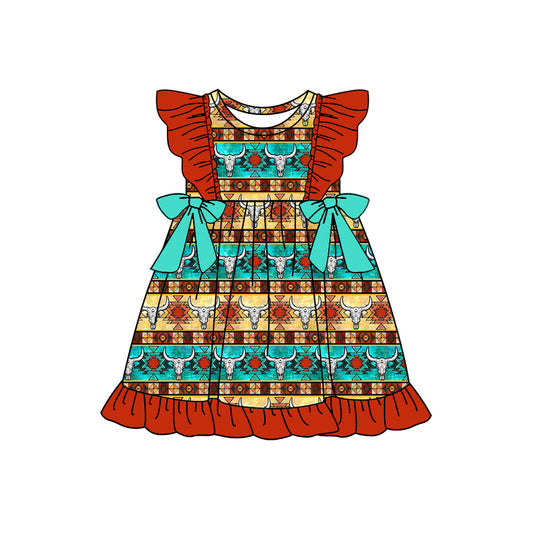 Preorder (moq 5)Baby Girls Western Cow Colorful Aztec Bows Knee Length Dresses