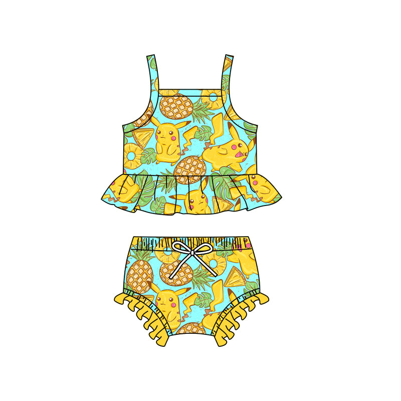 Preorder (moq 5)Baby Girls Cartoon Cats Pineapple Straps Top Two Pieces Swimsuits