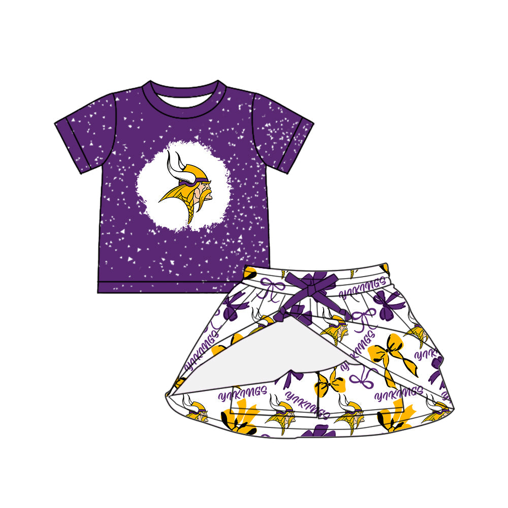 Preorder (moq 5)Baby Girls Purple Short Sleeves Bull King Top Skorts Team Set