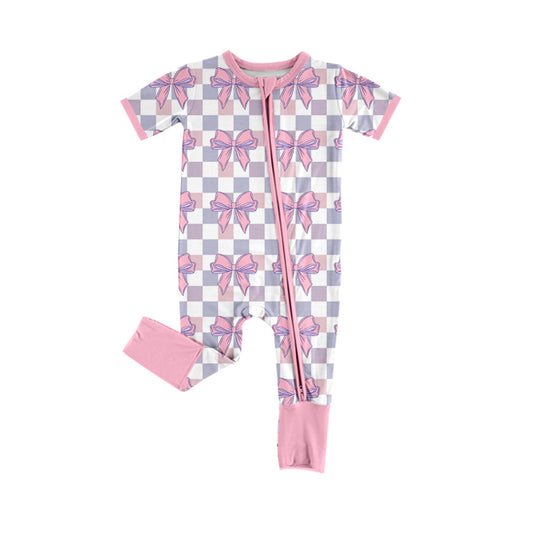 Preorder(moq 5)Baby Infant Girls Lavender Checkered Bows Zip Rompers