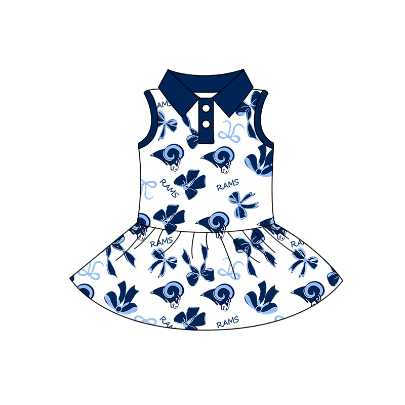 Preorder (moq 5)Baby Girls Sleeveless Blue Bows RAMS Button Team Knee Length Dresses