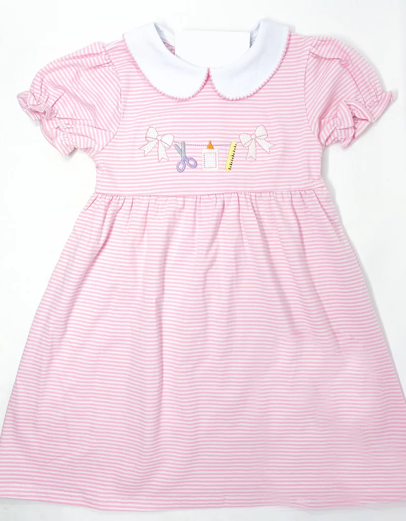 Preorder (moq 5)Baby Girls Pink Stripe Ruffle Sleeve Back To School Knee Length Dress