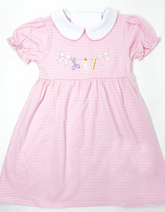 Preorder (moq 5)Baby Girls Pink Stripe Ruffle Sleeve Back To School Knee Length Dress